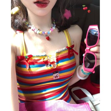 (免運)【兩件減十元】“甜心彩虹”原創串珠別針設計感露背交叉綁帶背心