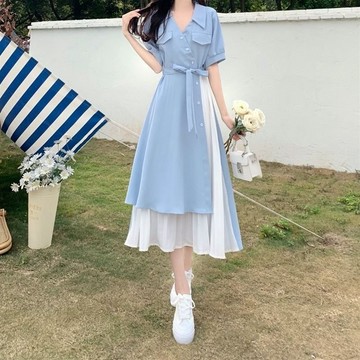 【桃園出貨】大尺碼女裝 女生洋裝 連衣裙女 2026夏新款複古法式v領長裙設計感小衆氣質收腰顯瘦不規則連衣裙