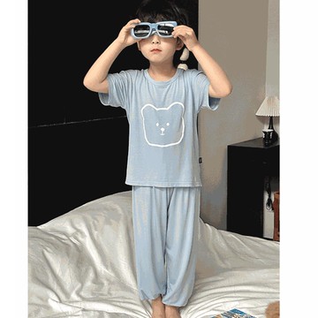莫代爾涼感短袖家居服套裝/空調服-可愛熊熊-藍色