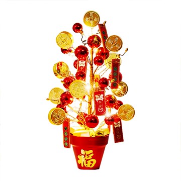 摩達客 春節開運招財 紅福招財幣金磚發財樹擺飾+50銅線usb 節慶裝飾  暖白光  45cm