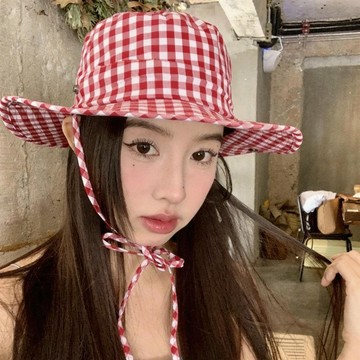 台灣熱賣日係甜美格子係帶漁夫帽女夏天百搭大帽簷防曬帽防紫外綫遮陽帽子-L1001 JQDO