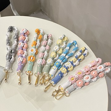 純手工棉繩diy編織雛菊花朵 手機殼掛繩鏈條腕帶短款 手提卡片式通用鑰匙扣包包掛件網紅女