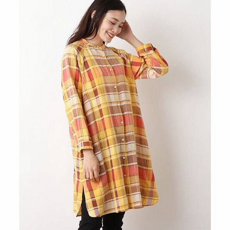 Tabasa タバサ コットンリネンチェック前開きスタンドカラー長袖ワンピース 通販 Lineポイント最大0 5 Get Lineショッピング