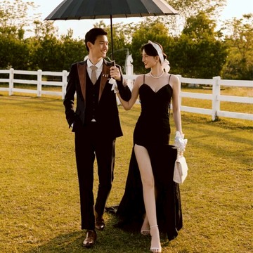 影樓主題服裝情侶外景旅拍攝影寫真拍照吊帶開衩禮服黑色簡約婚紗