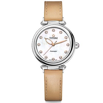 TITONI梅花錶炫美時尚之約械錶女錶-珍珠貝x卡其錶帶/33.5mm23978S-STC-622