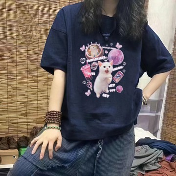 貓貓星球 卡通印花T 夏季新款  純棉上衣 短袖T恤女 寬鬆大尺碼 休閒時尚 百搭款