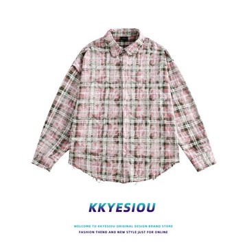 KKyesiou美式復古潮牌做舊格子長袖襯衫男女oversize百搭情侶外套
