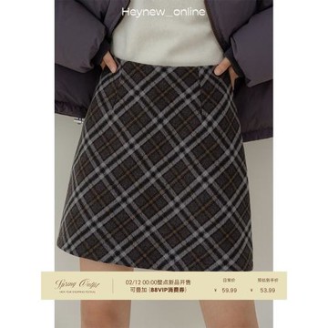 LOVEHEYNEW格紋包臀呢子短裙女秋冬加厚黑色顯瘦毛呢A字半身裙女