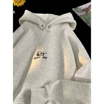 花灰色刺繡重磅衛衣男款美式高街潮流秋冬加絨上衣個性寬松連帽衫