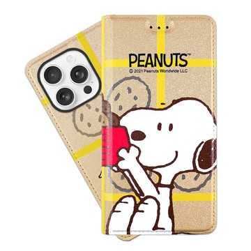 SNOOPY iPhone 16 Pro (6.3吋) 彩繪可站立皮套(吃餅乾)