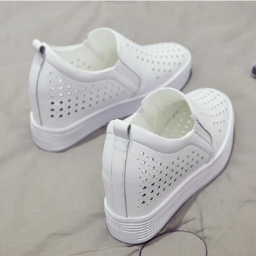 鏤空內增高女鞋小白鞋單鞋子女2023新款坡跟百搭顯瘦樂福鞋女夏季