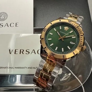 VERSACE42mm圓形金色精鋼錶殼墨綠色錶盤精鋼金銀相間錶帶款VS11831