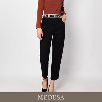 現貨【MEDUSA 曼度莎】毛毛字母鬆緊腰黑色休閒褲（M-XL）｜女休閒長褲 鬆緊長褲 黑色長褲