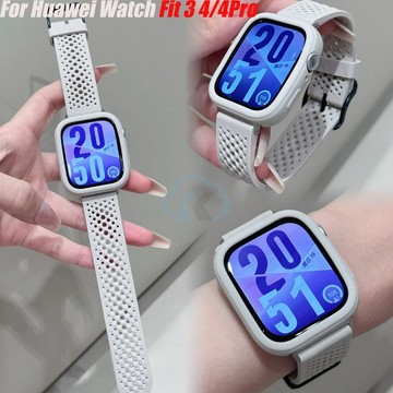 適用於 Huawei 華為 Watch Fit 3 4 4pro 日字扣孔網硅膠錶帶透氣 男女通用錶帶 矽膠防摔保護殼