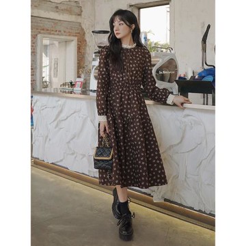 法式長袖碎花連衣裙女春秋2025新款高級感蕾絲邊收腰顯瘦A字長裙