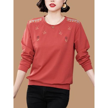 純棉長袖t恤女中年大碼春裝2024新款時尚小個子媽媽寬松洋氣上衣