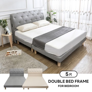 Boden-艾琪5尺雙人耐磨貓抓皮革床架/床組(雙邊附插座床頭片+床底-兩色可選)