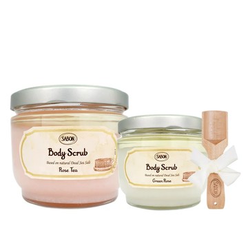 [香氛保養超值組]SABON 玫瑰茶語身體磨砂膏(600g)+以色列綠玫瑰身體磨砂膏(320g)+贈木匙_國際航空版