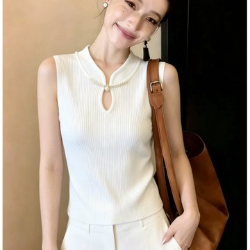 【桃喜Rich女裝】新中式國風冰絲針織衫 白色背心女 新款設計感修身顯瘦無袖上衣 黑色上衣 短版上衣