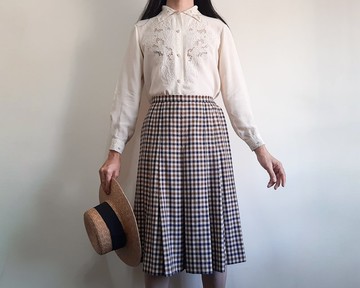 AQUASCUTUM London 復古純羊毛格紋半身裙 英國製造 小號