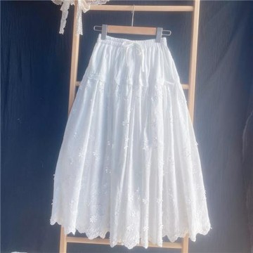 純白棉布拼接花邊立體裙2026春夏季松緊腰刺繡顯瘦半身裙女長裙子