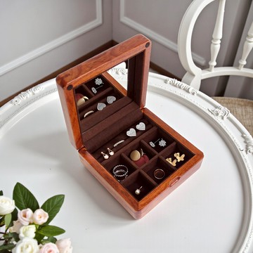 首飾收納盒 珠寶盒 帶鏡 花梨實木 內絨布 圓角質感木盒 - 深棕色 ＃854-LL046A-DB