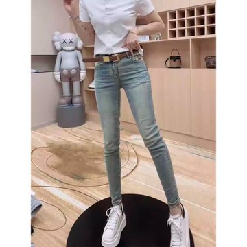秋季新款淺色高腰小腳牛仔褲女大碼梨型身材修身彈力鉛筆九分褲子