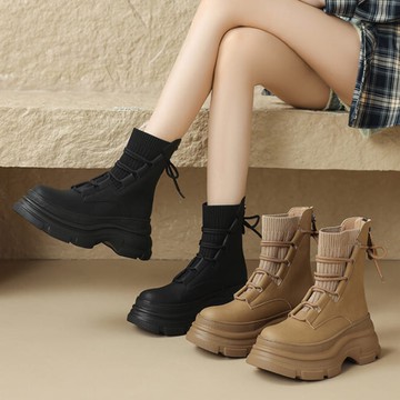 厚底靴．率性皮革針織拼接繫帶後拉鍊短靴．白鳥麗子