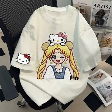 【Plump】100kg內可穿 大尺碼女裝 夏裝 仿刺繡 純棉短袖T恤 寬鬆 情侶裝 可愛卡通印花上衣 女生上衣