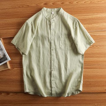 新中式100天然亞麻短袖襯衫男夏季薄款麻料半袖復古休閑立領襯衣