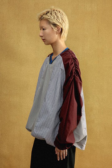 撞色條紋 抽褶拼接 運動T恤 罩衫