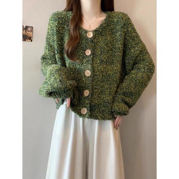 慵懶風復古綠色針織開衫毛衣外套大碼女裝2025秋冬胖mm馬海毛上衣