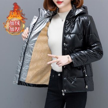 冬季亮面皮免洗棉服外套女2024新款大碼寬松加絨加厚棉襖棉衣時尚