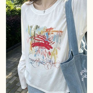 ♡ 𝑪𝒉𝒊𝒄 𝒖 ♡韓系手繪塗鴉長袖T恤女2026年夏季新款薄款寬鬆慵懶上衣防曬罩衫