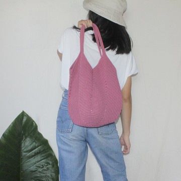 深粉色托特包，市集包，鉤針編織包，購物袋