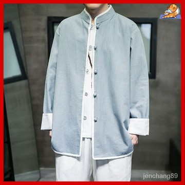 🔥唐裝上衣男  中山裝 復古服 中國風 錶演服盤扣漢服外套 禪服道服功夫裝 爸爸裝爺爺裝春夏薄款 中式襯衫男長袖輓085