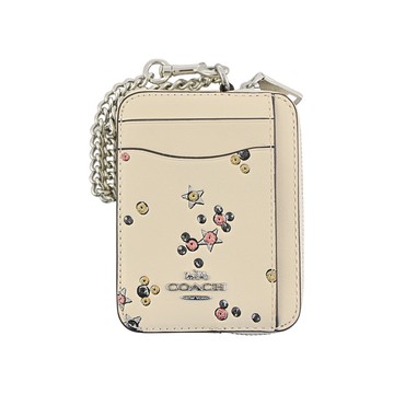 COACH金銀星星亮粉燙印白堊色皮革鏈帶方型卡夾零錢包