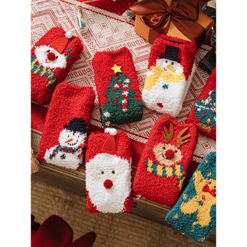 圣誕襪子女秋冬季珊瑚絨卡通中筒襪可愛加絨加厚圣誕老人禮品襪