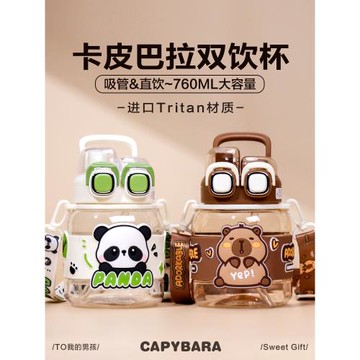 可愛兒童水杯小學生上學專用水壺幼兒園雙飲杯卡皮巴拉大肚吸管杯