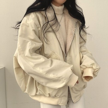 栗秋【】韓國加絨加厚兩面穿羊羔毛棉服女裝外套冬季新款拉鏈連帽棉衣上衣