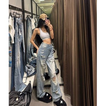 175高個子加長180美式高街乞丐破洞直筒牛仔褲女復古辣妹拖地褲子