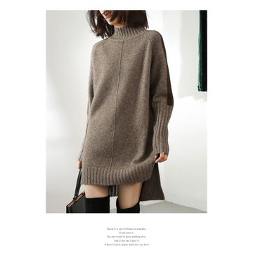 秋冬季新款半高領套頭毛衣女中長款羊絨衫包臀連衣裙開叉寬松加厚