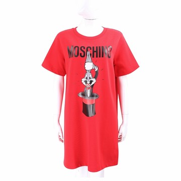 MOSCHINO Looney Tunes 樂一通聯名 魔術帽兔巴哥印花紅色長版運動衫 洋裝