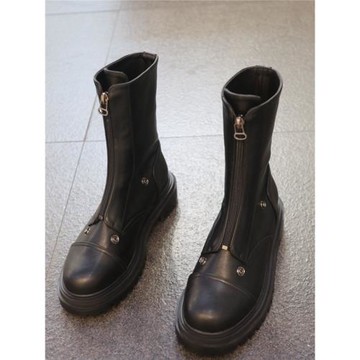 小池在首爾2024年秋冬季新款圓頭低跟鉚釘街頭拉鏈個性中筒女靴潮