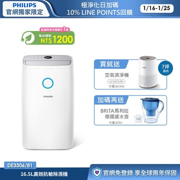 ★買就送清淨機 再享節能補助$1200 ★飛利浦16.5L高效抗敏除濕機(DE3306/81)-適用20坪