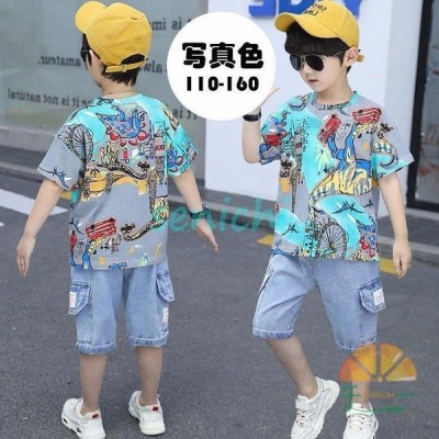 子供服セットアップキッズ男の子春夏2点セット上下セット半袖プリントtシャツ 五分丈デニムパンツジュニアカジュアル可愛いおしゃれ 通販 Lineポイント最大get Lineショッピング