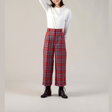 agnes b. To b. 女裝 經典格紋寬版長褲/下著 (紅色格紋)