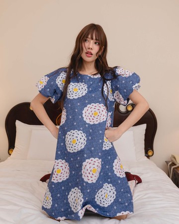 BIRUCHU 泡泡袖洋裝 - 靜謐月夜海軍藍