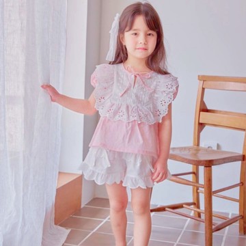 粉嫩公主緹花綁帶甜美設計舒適短袖上衣 春夏童裝 女童上衣 女童短袖 女童棉T 女童T恤 短袖上衣