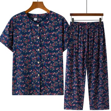 夏季媽媽裝短袖襯衣中老年人女裝碎花開衫上衣老太太奶奶兩件套裝